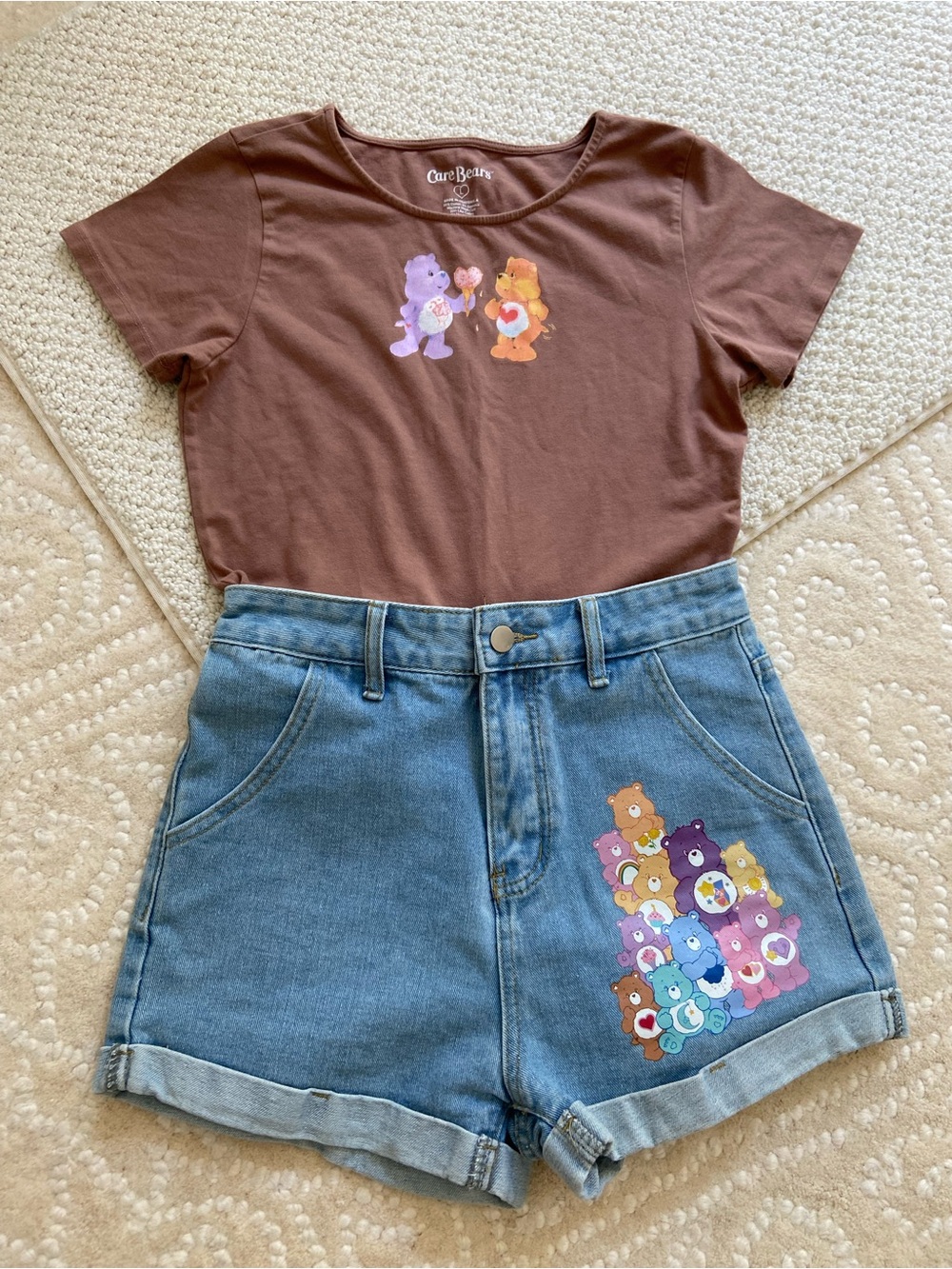 Care Bears Two-Piece Outfit-Light Brown Midriff Tee And Light Blue Denim Shorts
